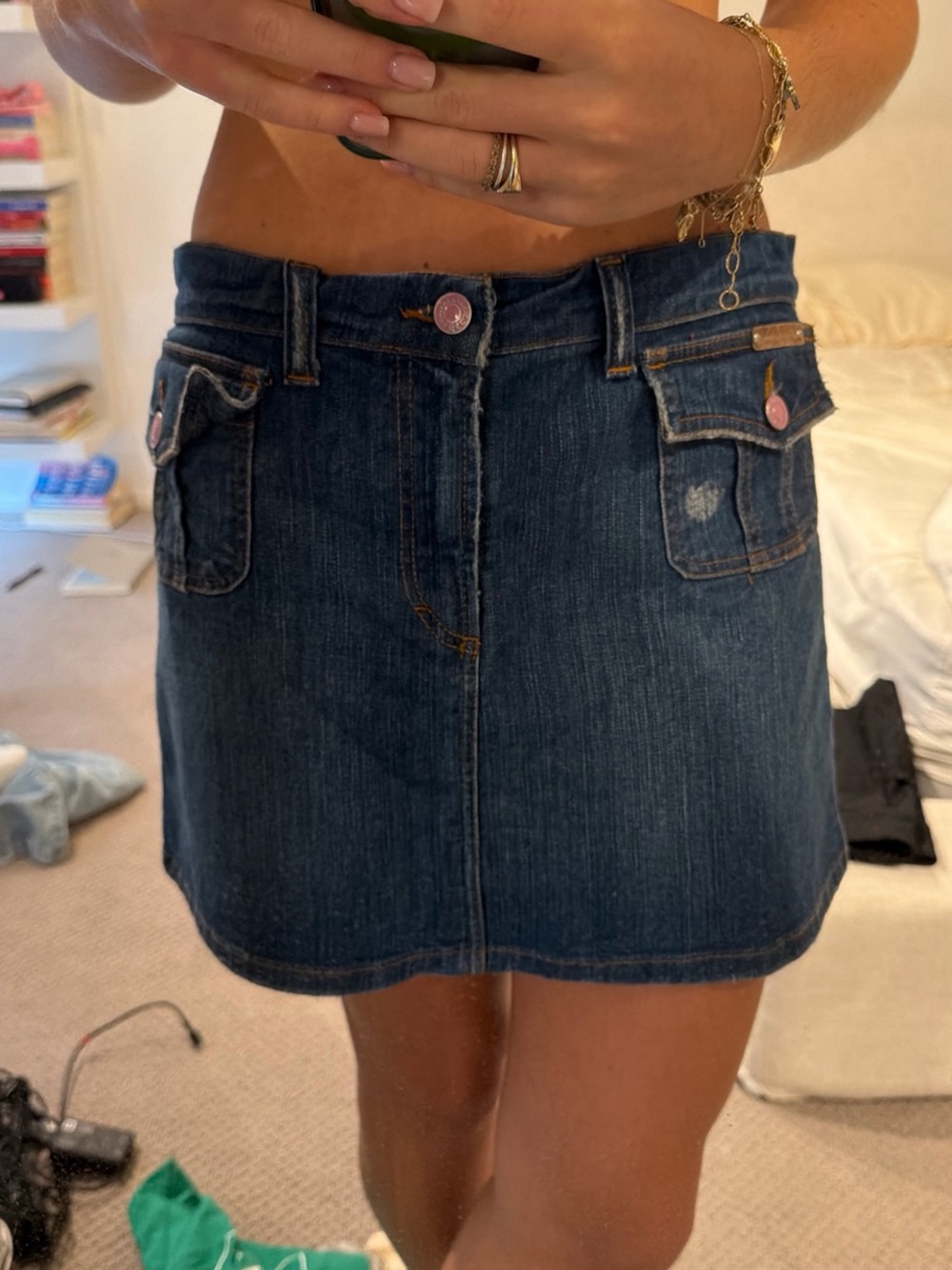 Dolce & Gabbana Dark Blue Denim Mini Skirt with Pink Button Accents